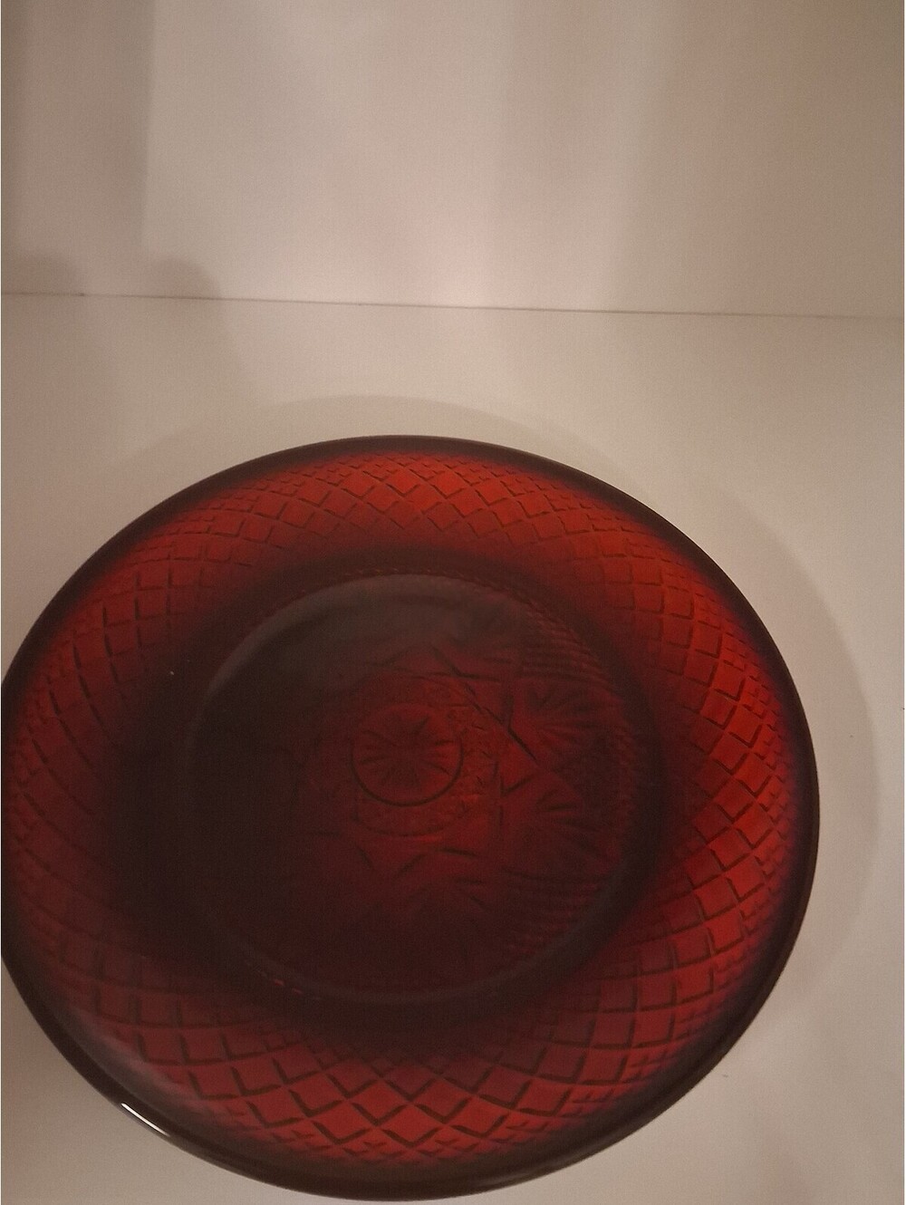 Vintage Red Glass Serving Bowl with Leaf and Geometric Pattern